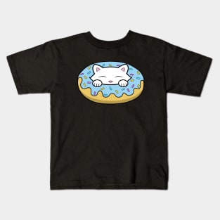 Cute white kitten eating a big blue doughnut with sprinkles on top of it Kids T-Shirt